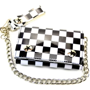 CHECKERED BOARD PATENT TRIFOLD WALLET